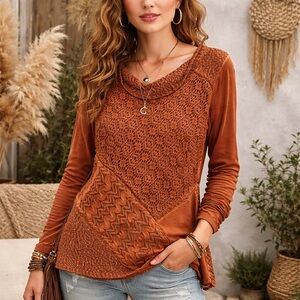 Cactus + Pearl Rust Boho Patchwork Lace Tunic Top Small Artsy Lagenlook
